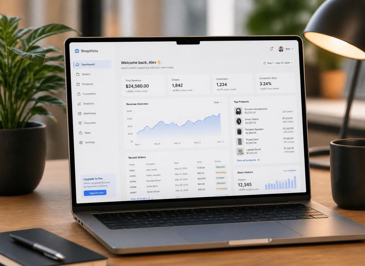 A clean e-commerce admin dashboard on a laptop, representing a rebuilt store after migration