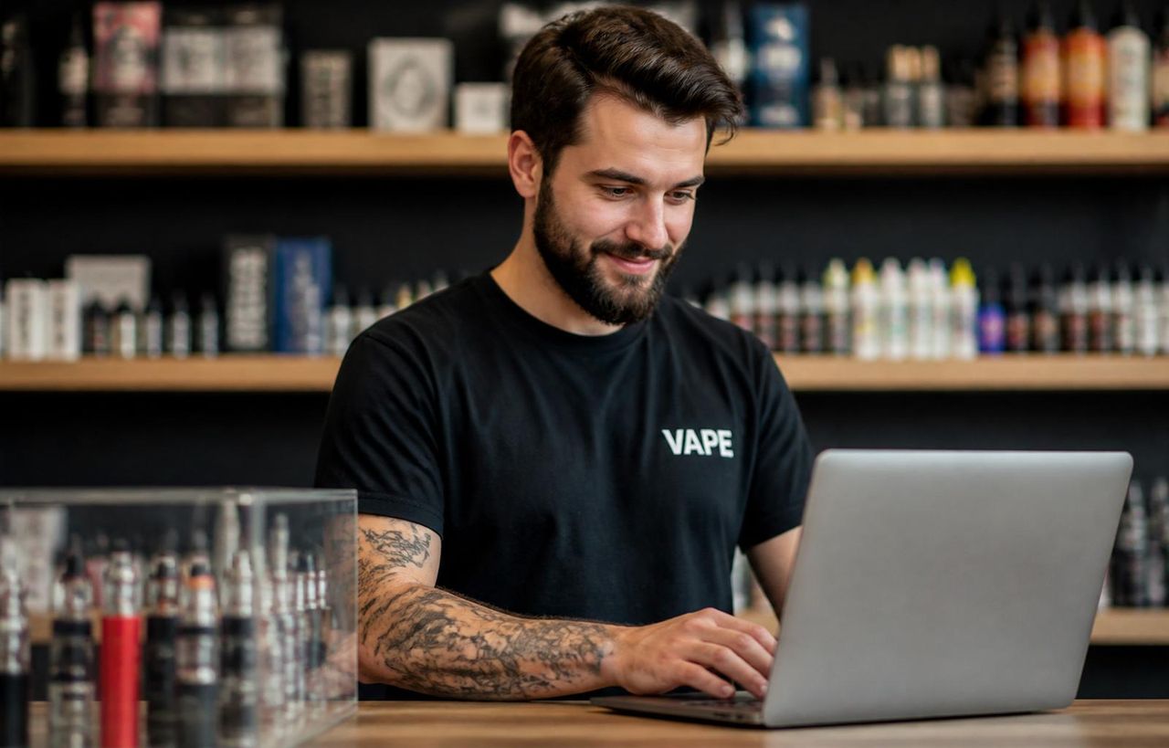 Vape shop owner working on a laptop in their store, planning a migration off Shopify